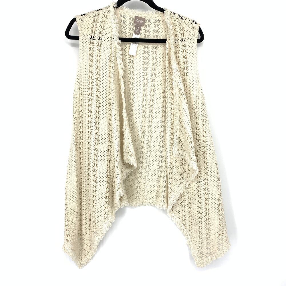 Chicos Open Knit Open Waterfall Front Crochet Vest Womens Size 2 US L Cream